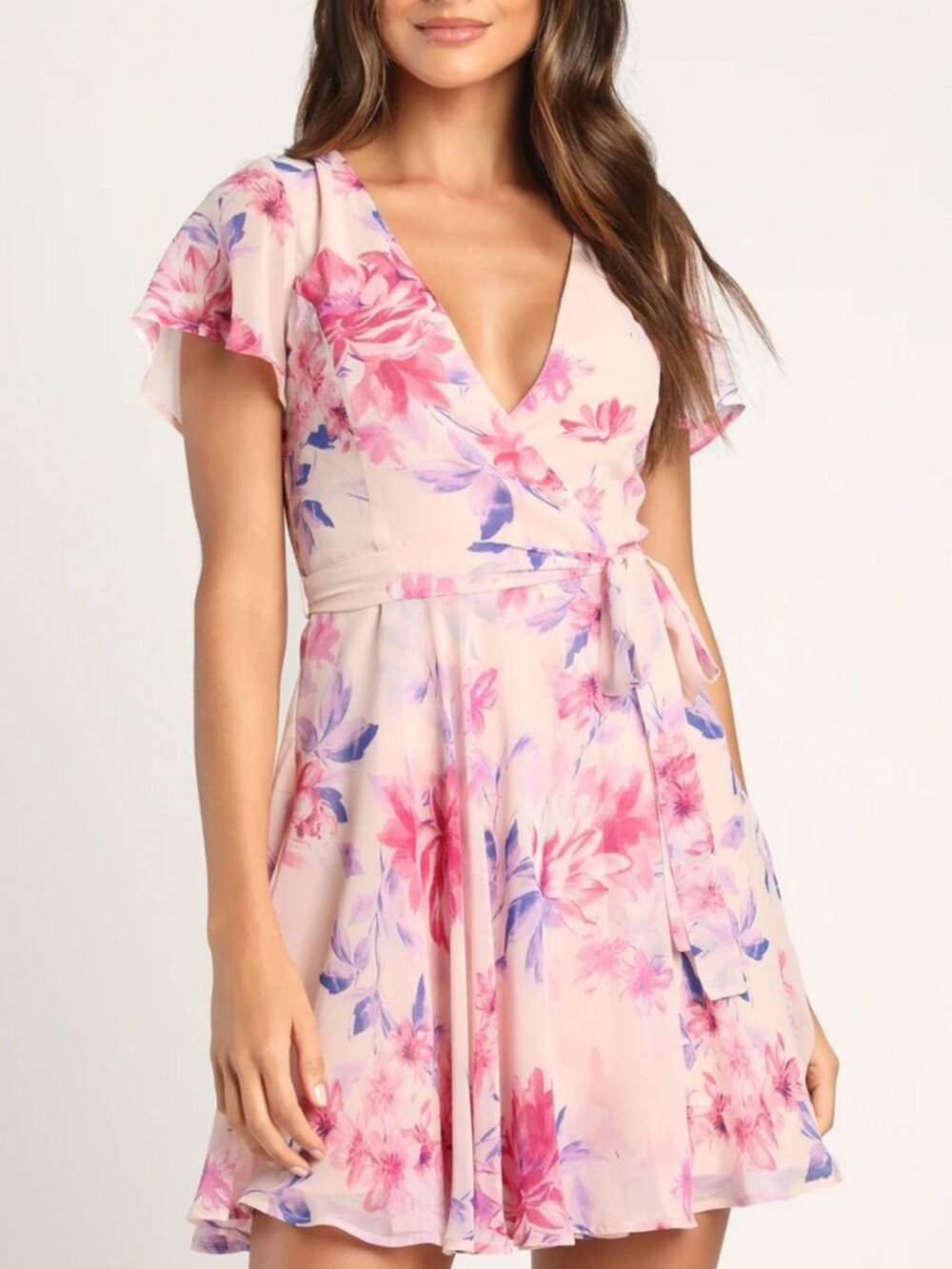 Lulus "In the Gardens" Blush Pink Floral Surplice Dress